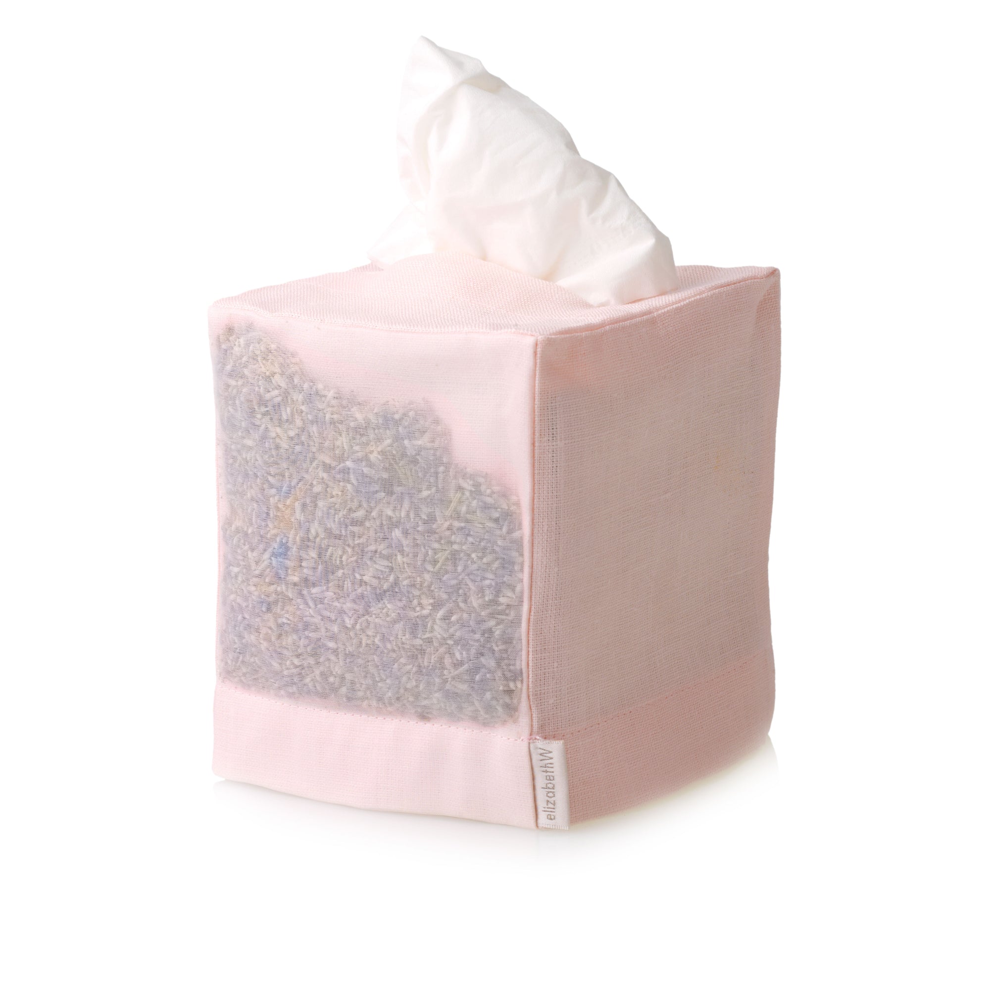 Square tissue cover in pink linen with lavender.