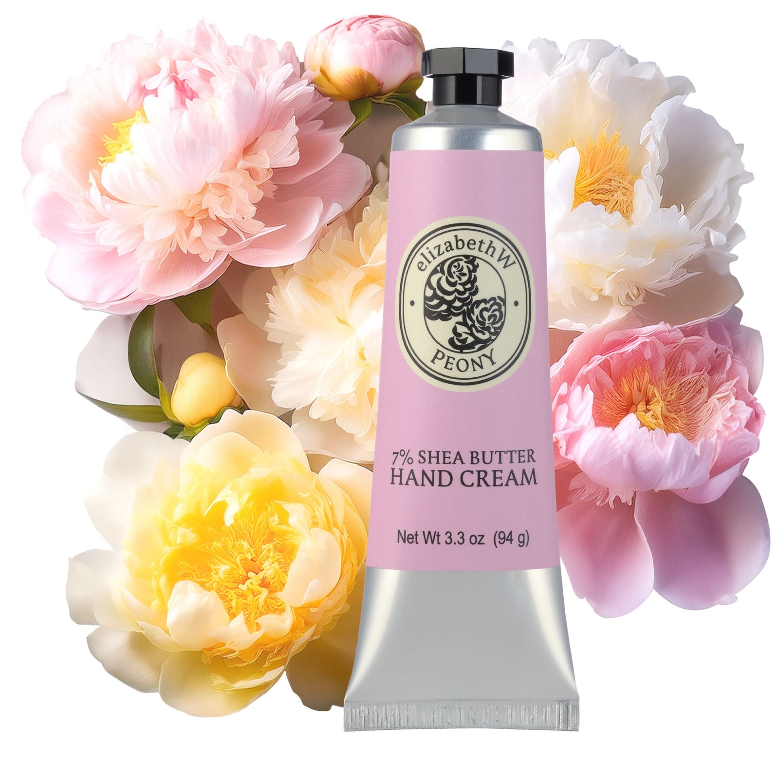 A vibrant arrangement of variously colored peonies, including shades of pink, yellow, and white, set against a textured gray background.