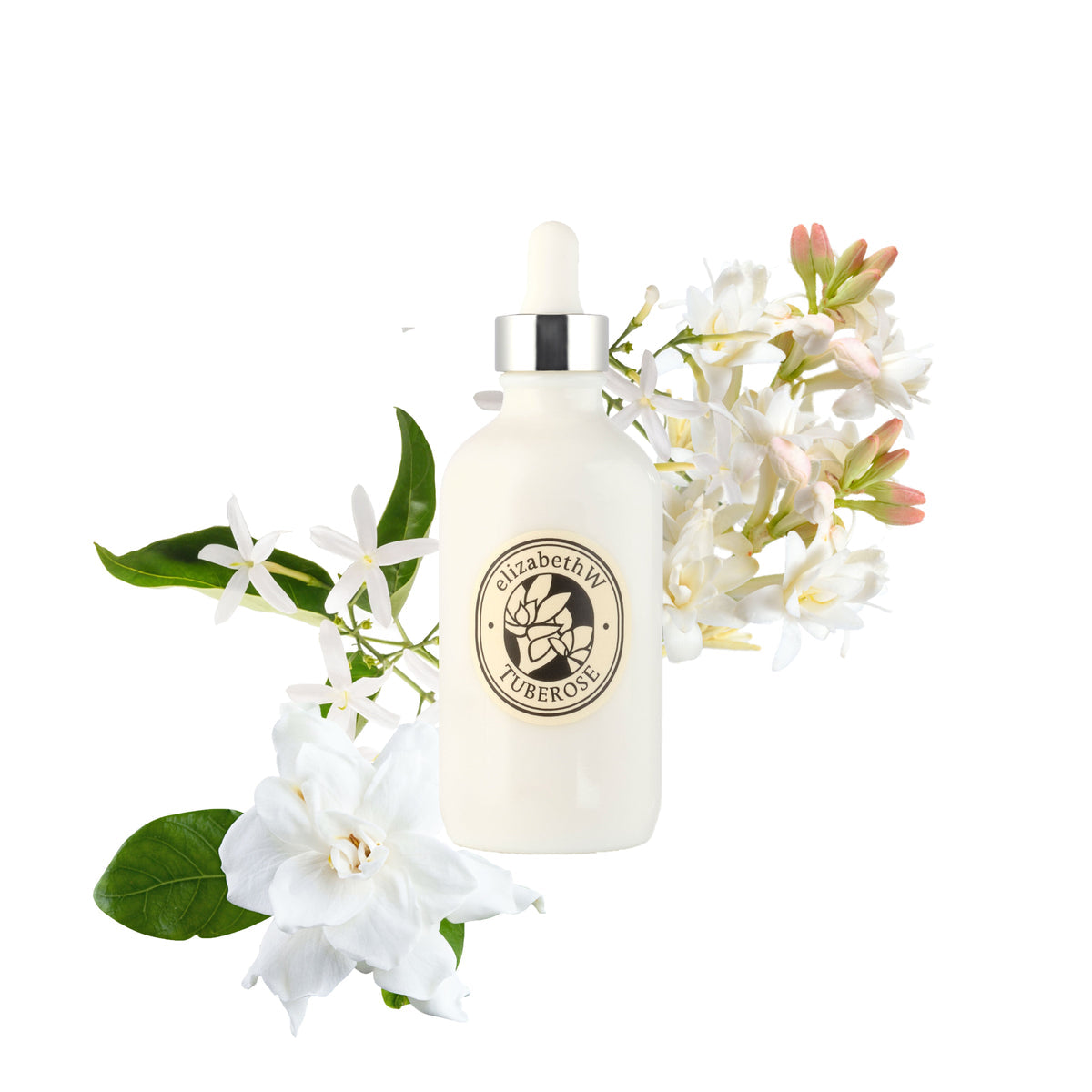 A white serum dropper bottle labeled “Elizabeth Tuberose” is surrounded by blooming white and pink tuberose flowers with green leaves on a white background.