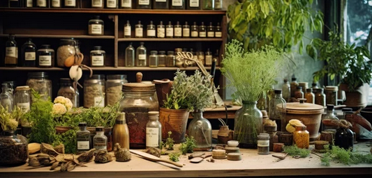 A cozy apothecary shop with shelves filled with glass jars containing various herbs and ingredients. The wooden table is cluttered with jars, potted plants, and small bottles, creating an inviting and earthy atmosphere.