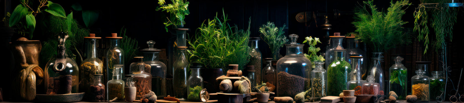 A dimly lit apothecary shelf filled with various glass jars, bottles, and vials of different sizes, containing herbs, plants, and dried specimens. Greenery and rustic objects are scattered throughout for a whimsical feel.