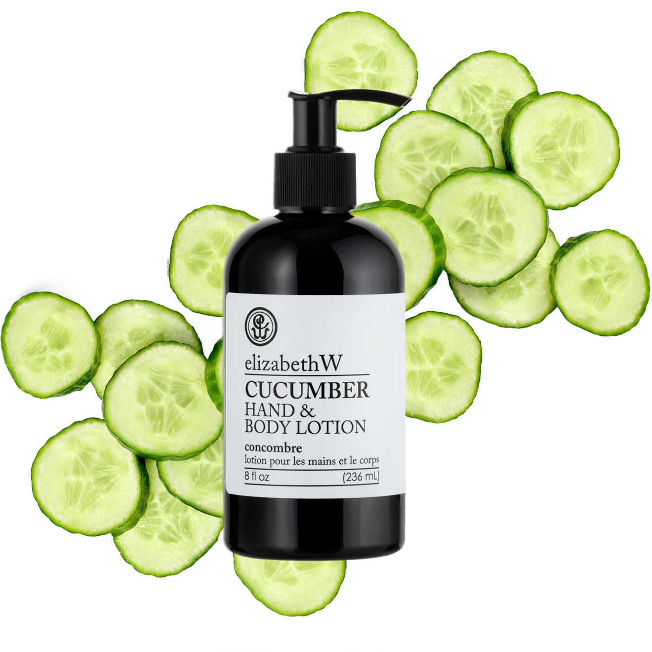 A black pump bottle of elizabethW Cucumber Hand & Body Lotion is displayed in front of overlapping fresh cucumber slices on a white background.