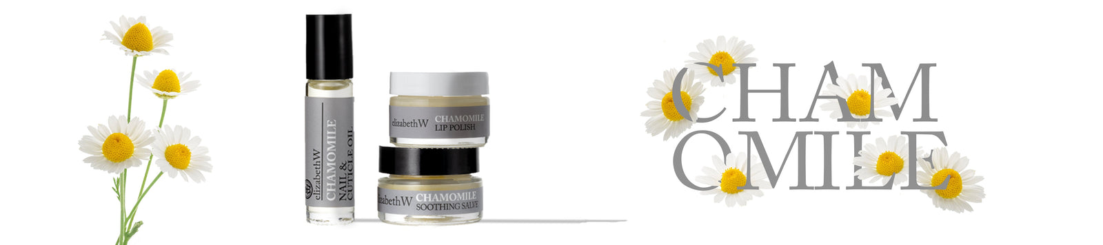 Three skincare products with chamomile displayed among chamomile flowers. The word "CHAMOMILE" is written in large gray text with chamomile flowers integrated into the letters.