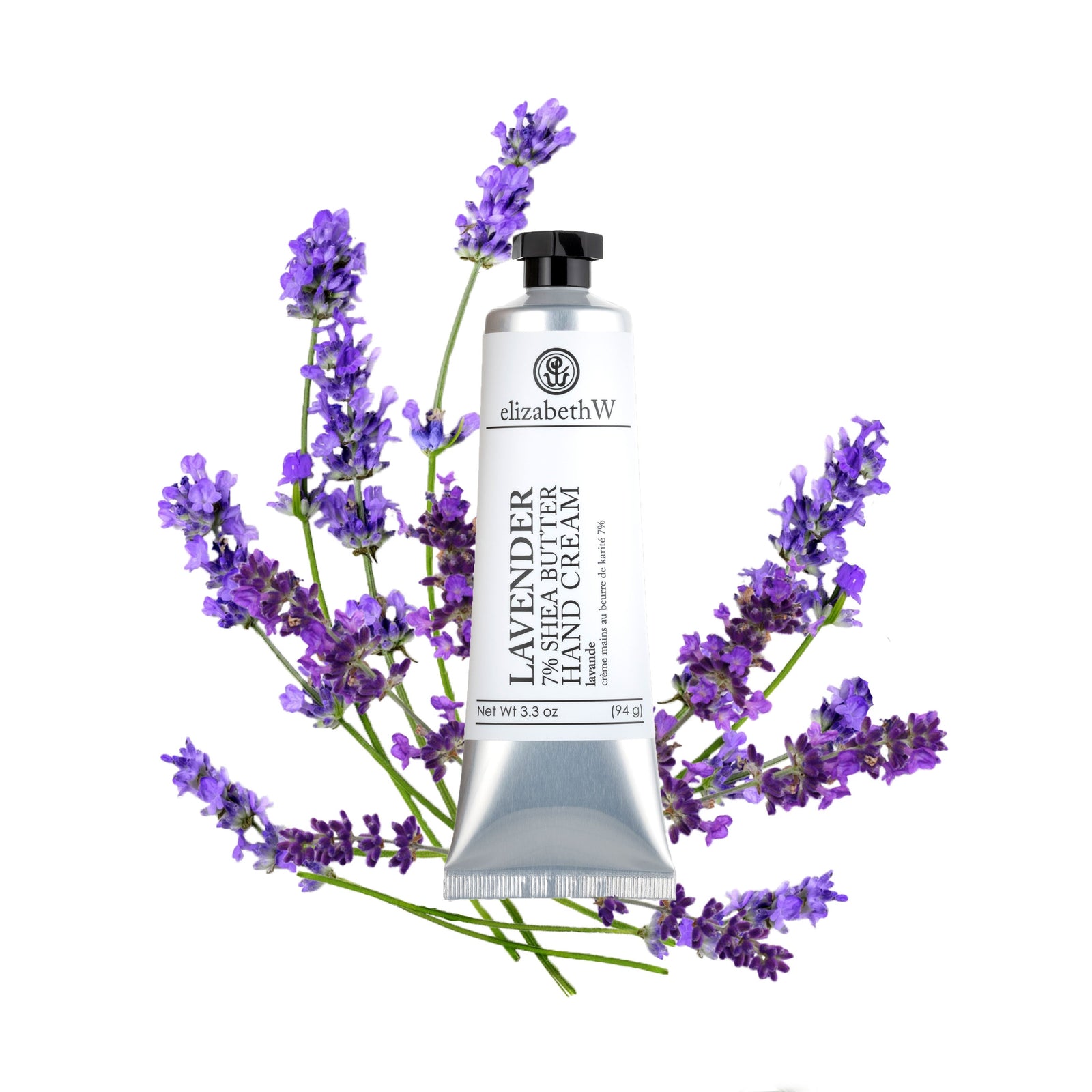 elizabethW lavender hand cream in a silve tube with lavender sprigs in background