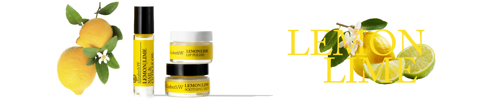 Three bottles of lemon lime shea hand spray and cream on a bright yellow background with a black and white butterfly on the right side. The bottles and the tube of cream have labels in yellow with black text.