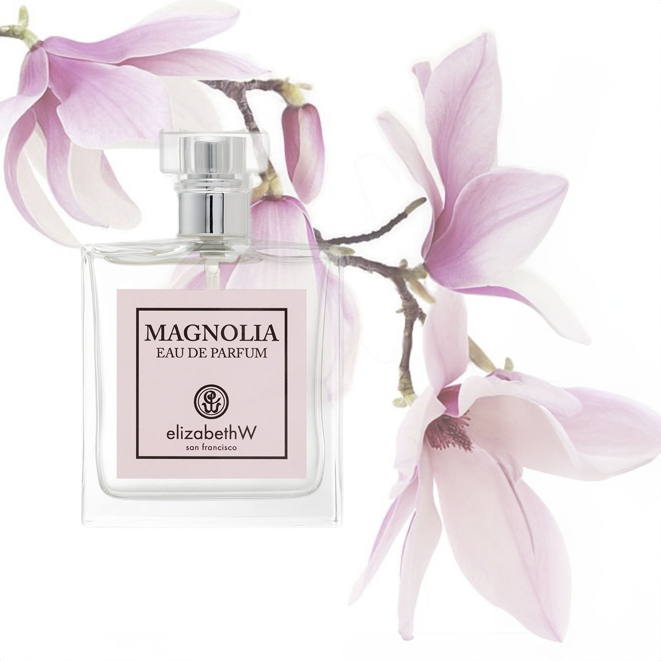 A set of beauty products on a pink background, including a lotion pump bottle, spray bottle, oil dropper bottle, and a small bar of soap. A butterfly is flying near the items from the left side.