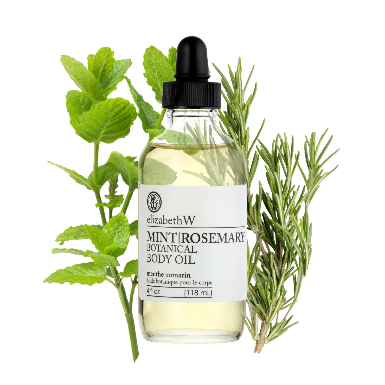 elizabethW Mint Rosemary botanical body oil with background of mint and rosemary sprigs