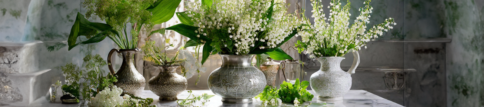 A long table adorned with four silver and white vases filled with lush green foliage and delicate white flowers. The background features a soft, misty ambiance with subtle shades of green and gray.