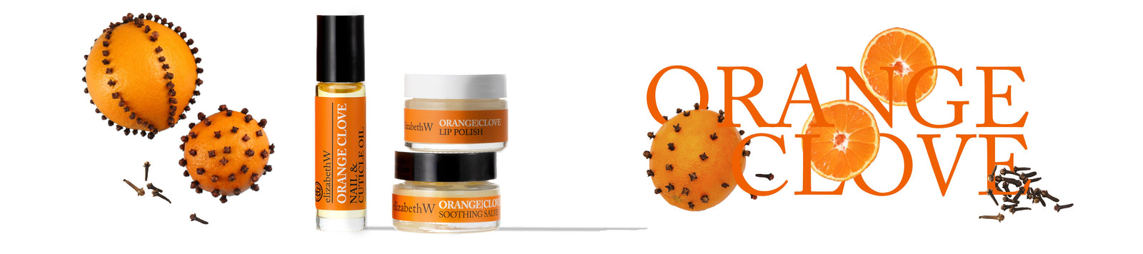 Three beauty products labeled "Orange Clove" including a spray bottle, a pump bottle, and a tube, are placed on an orange background. A butterfly with orange, black, and white wings is positioned to the right of the products.