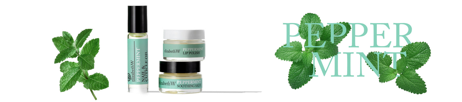 A green backdrop features three peppermint products: a cleansing spray, an oil spray, and a cream tube. A black and yellow butterfly is flying near the products.