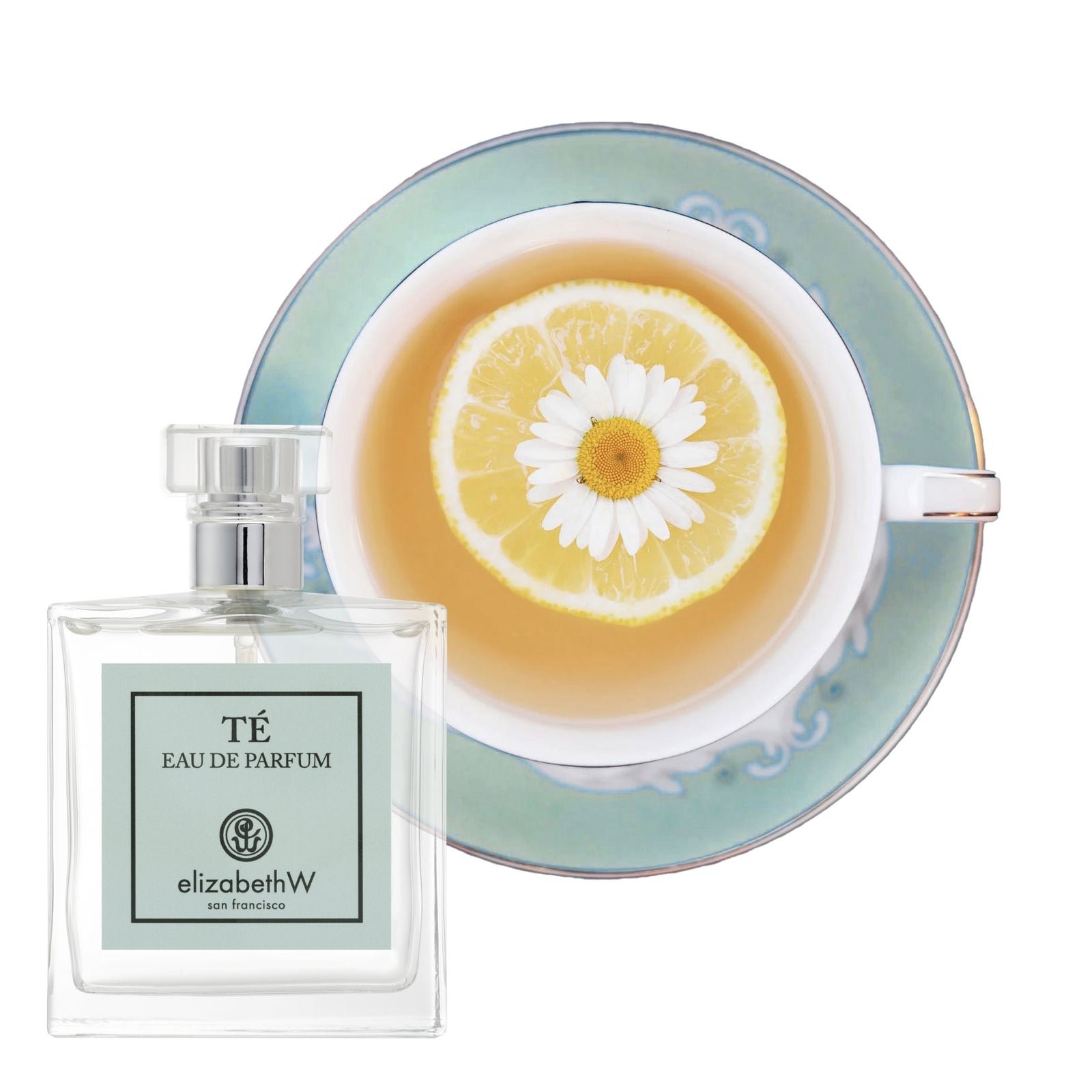 A row of skincare products, including bottles and a box, with a light blue and white color scheme. A white and orange butterfly hovers above the row. The background is a soft yellow hue.