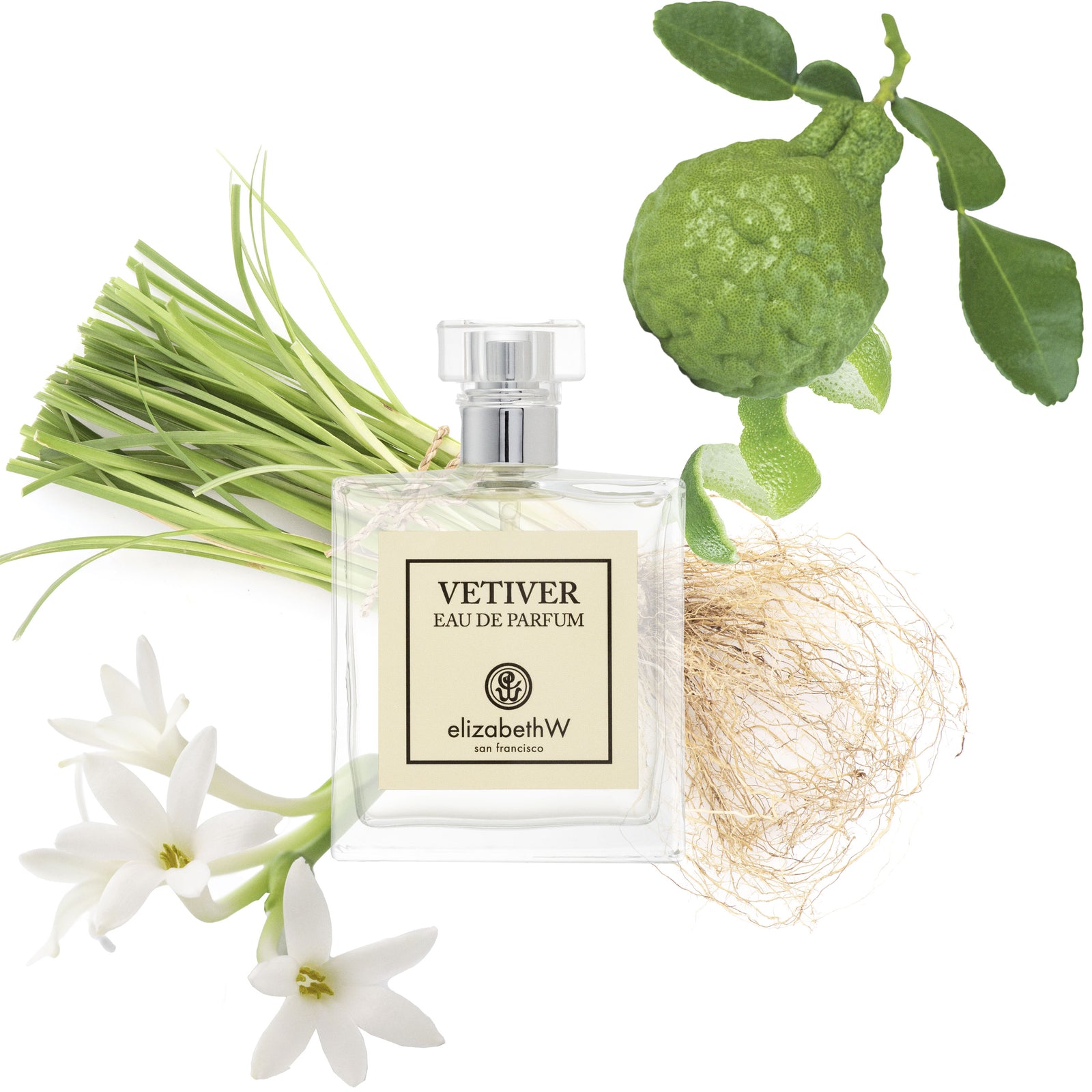 Three skincare bottles and a bar soap labeled "Vetiver Herbal" are arranged from left to right. A yellow and black butterfly hovers above the products against a light blue background.