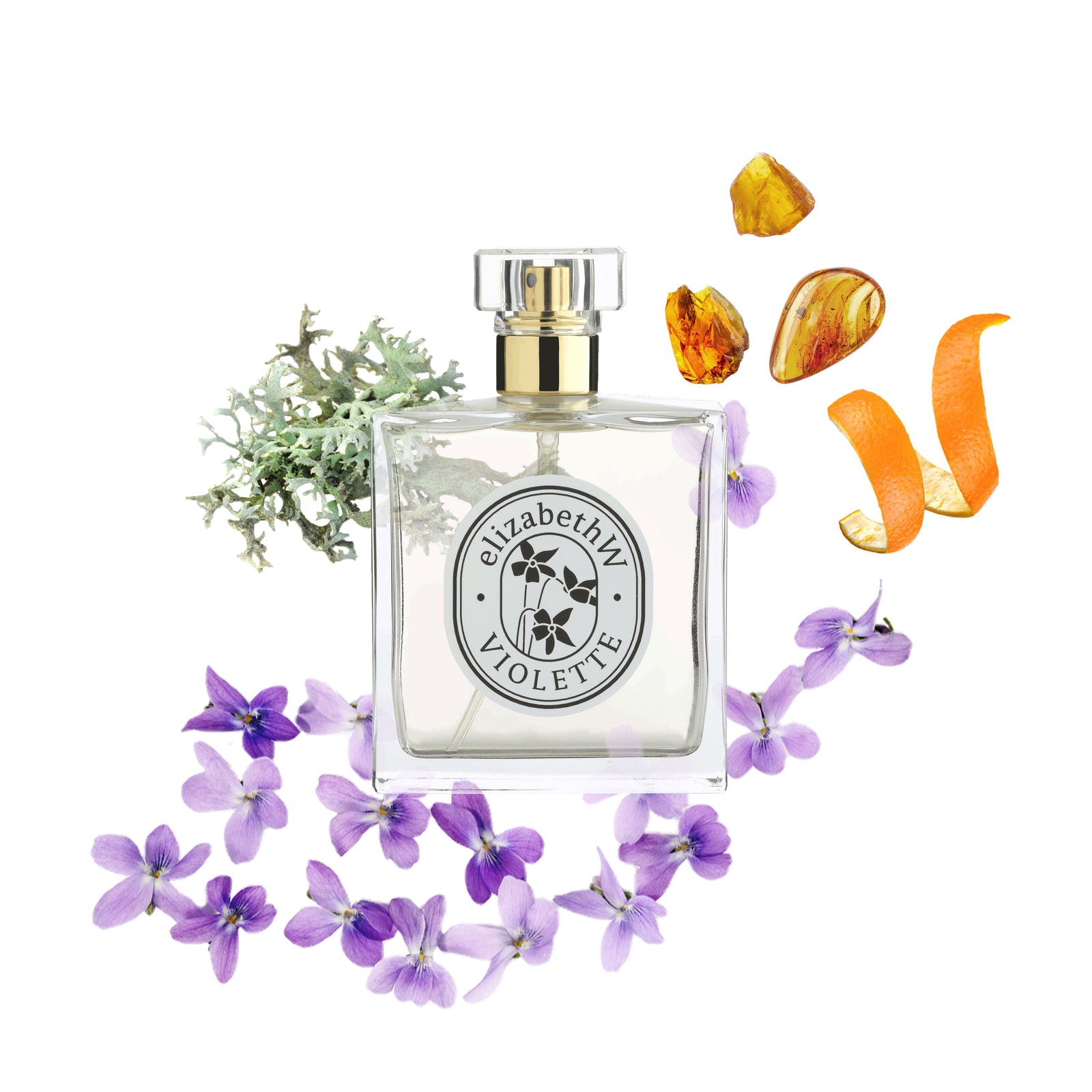 elizabethW violette eau de parfum with botanicals in background