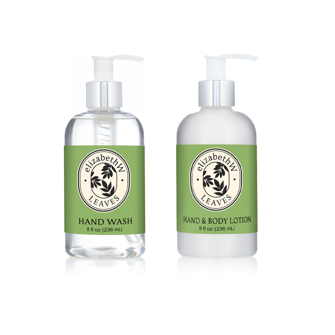 An elizabethW Leaves Hand Bundle consisting of one clear hand wash bottle and one opaque hand & body lotion bottle, both with green labels featuring a leaf illustration.