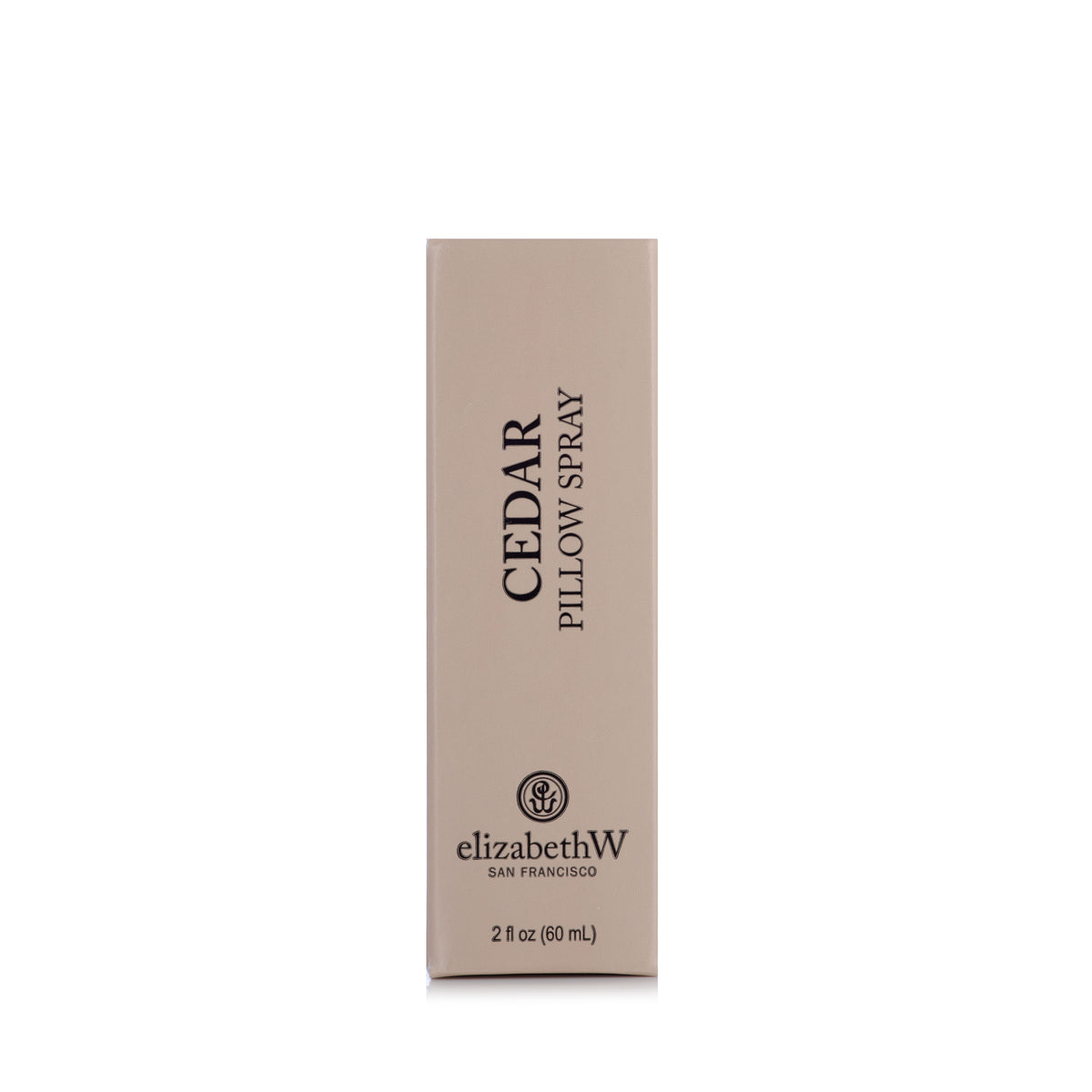 A rectangular box of elizabethW Cedar Pillow Spray with 2 fl oz (60 mL) volume printed at the bottom.