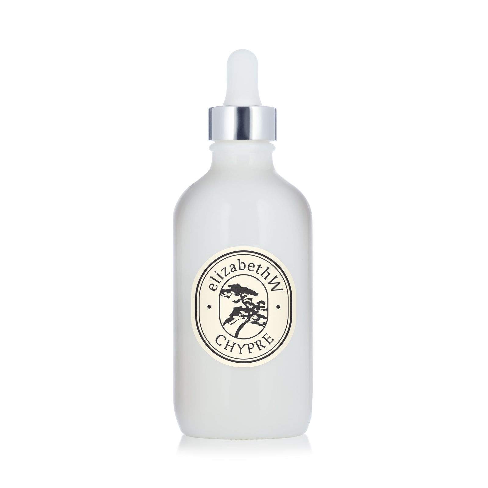 A white glass dropper bottle labeled “elizabethW” and “Chypre — Body Oil,” featuring an oval logo on the front and topped with a silver and white dropper cap, is displayed against a plain white background to highlight this nourishing body oil infused with the signature Chypre fragrance.