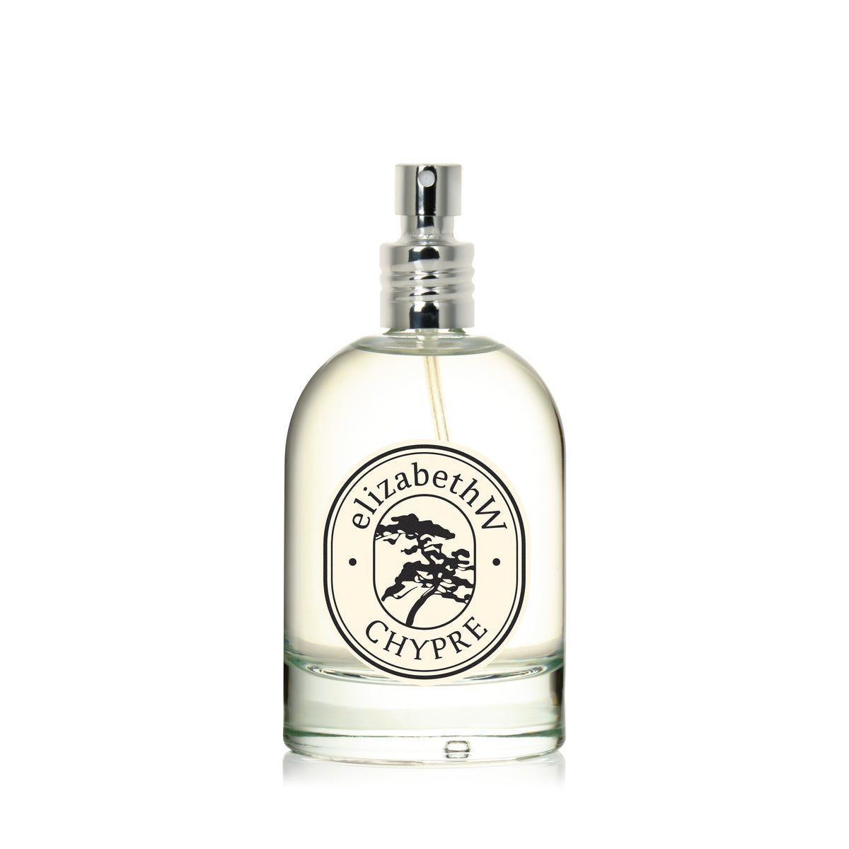 A clear glass bottle labeled "elizabethW Chypre — Eau de Parfum" features a black and white tree logo and a silver spray nozzle. It holds a light yellow, sophisticated fragrance.
