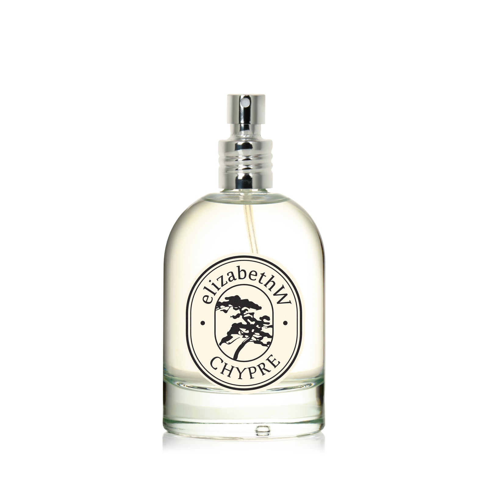A clear glass bottle labeled "elizabethW Chypre — Eau de Parfum" features a black and white tree logo and a silver spray nozzle. It holds a light yellow, sophisticated fragrance.
