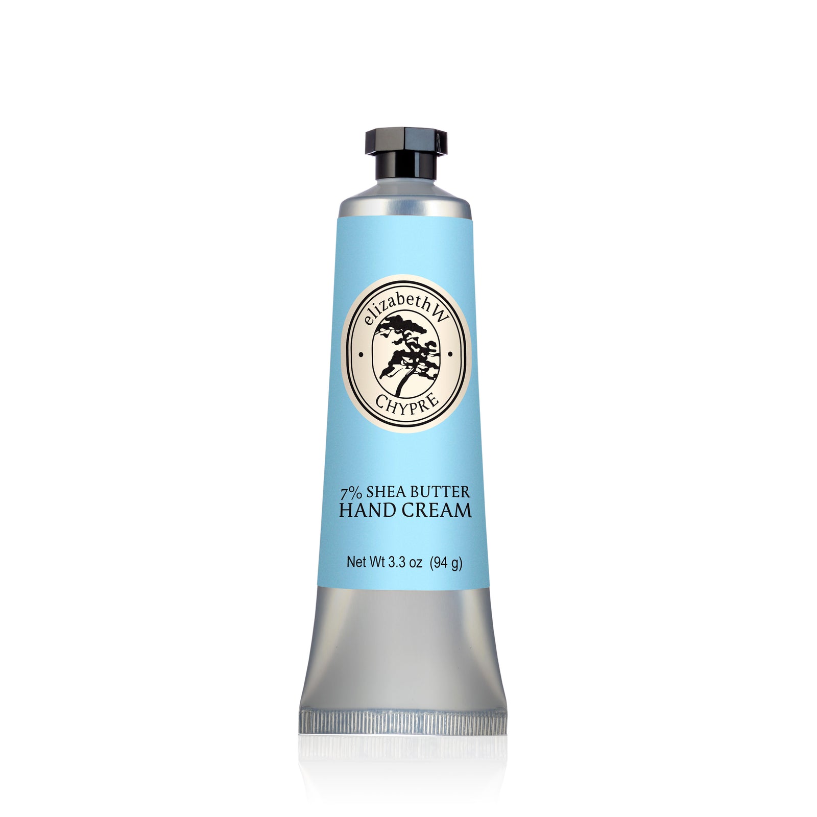 A 3.3 oz (94 g) tube of elizabethW Chypre Hand Cream, featuring a light blue label and silver cap, stands upright on a white background.