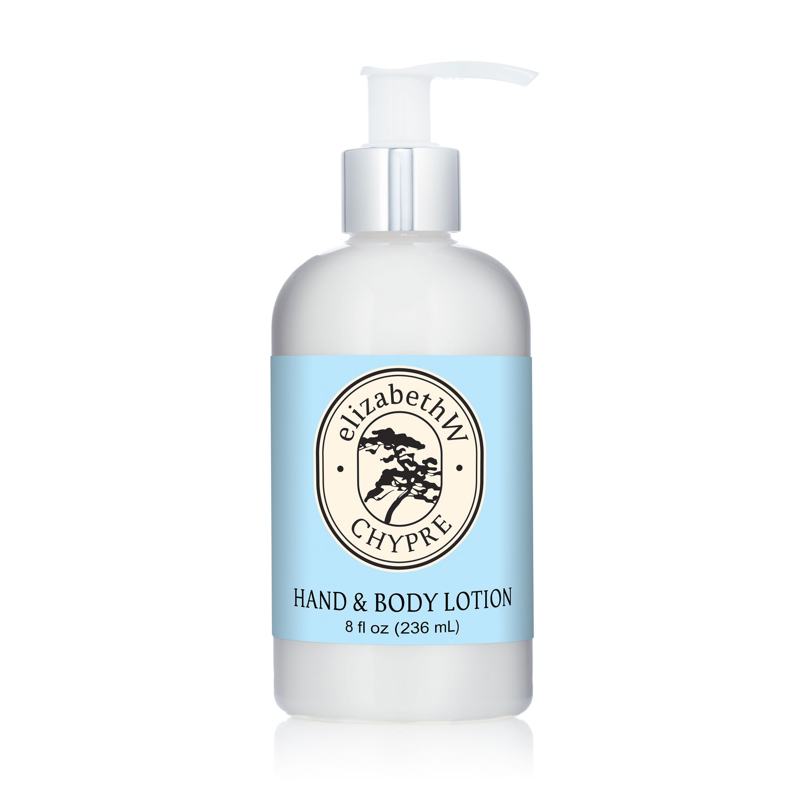 A white pump bottle of elizabethW Chypre — Hand and Body Lotion, 8 fl oz (236 mL), with a light blue label featuring a round logo. This woody-scented lotion hydrates and pampers your skin.