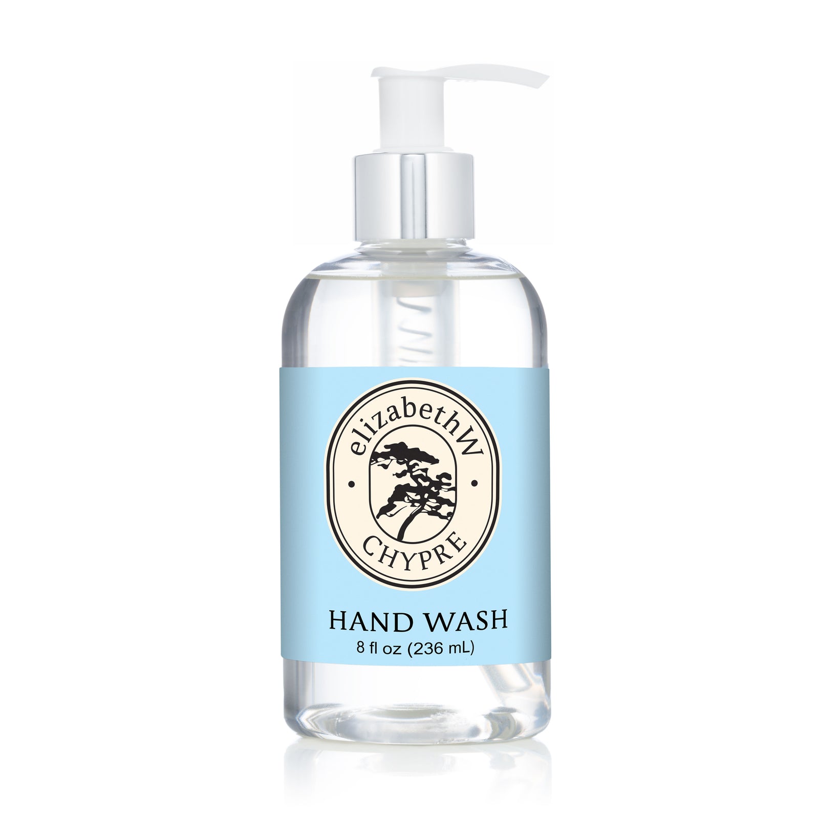 A clear plastic pump bottle of elizabethW Chypre — Hand Wash, a botanical cleanser with cedar, sandalwood, and oakmoss. The light blue label shows the elizabethW logo, product name, and 8 fl oz / 236 mL size on a white background.