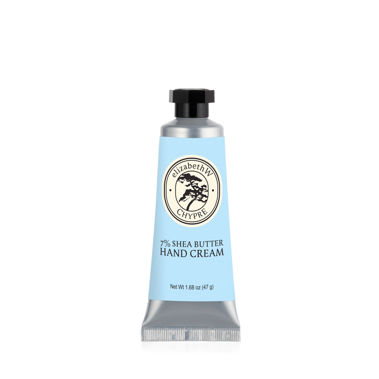 A silver tube of elizabethW Chypre — Mini Hand Cream, enriched with 7% shea butter, features a light blue label, black cap, and a circular lion-adorned logo.