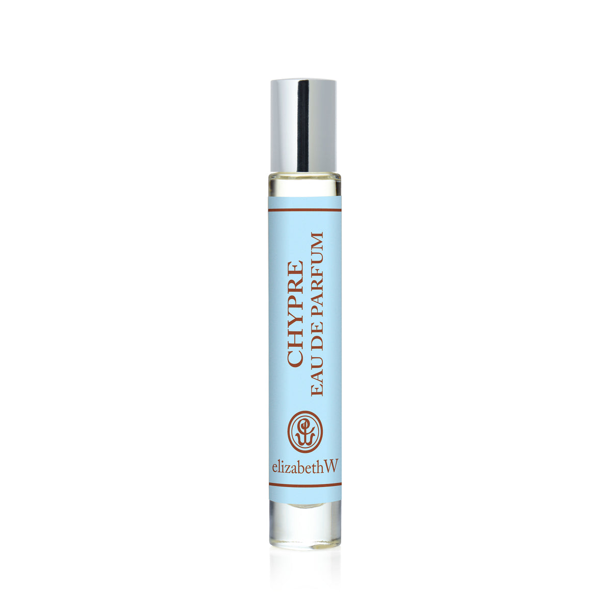 A compact elizabethW Chypre — Rollerball featuring a light blue label, silver cap, and vertical brown text, ideal for those who enjoy a refined chypre fragrance with subtle citrus and floral scent notes.