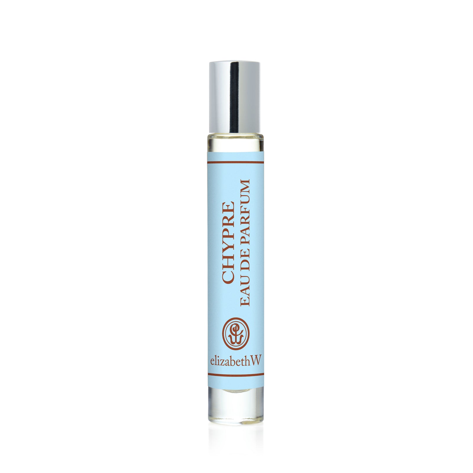 A compact elizabethW Chypre — Rollerball featuring a light blue label, silver cap, and vertical brown text, ideal for those who enjoy a refined chypre fragrance with subtle citrus and floral scent notes.
