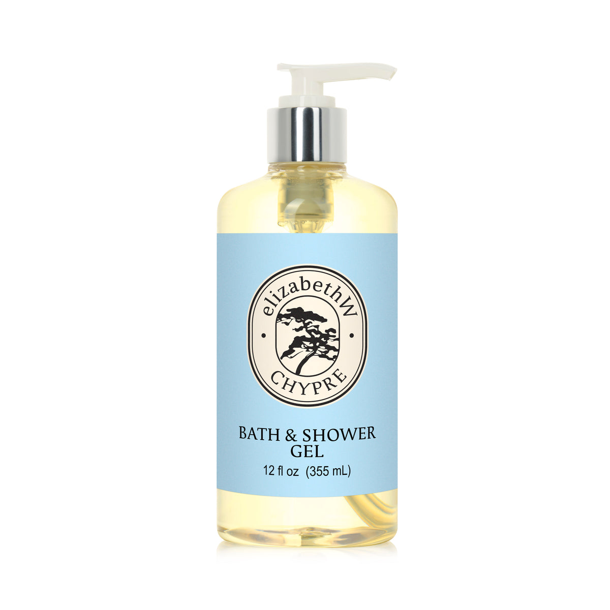 A clear plastic pump bottle contains yellow Chypre — Bath & Shower Gel by elizabethW. The blue label with a tree logo evokes cedar and sandalwood, promising a luxurious foaming bath. 12 fl oz (355 mL).