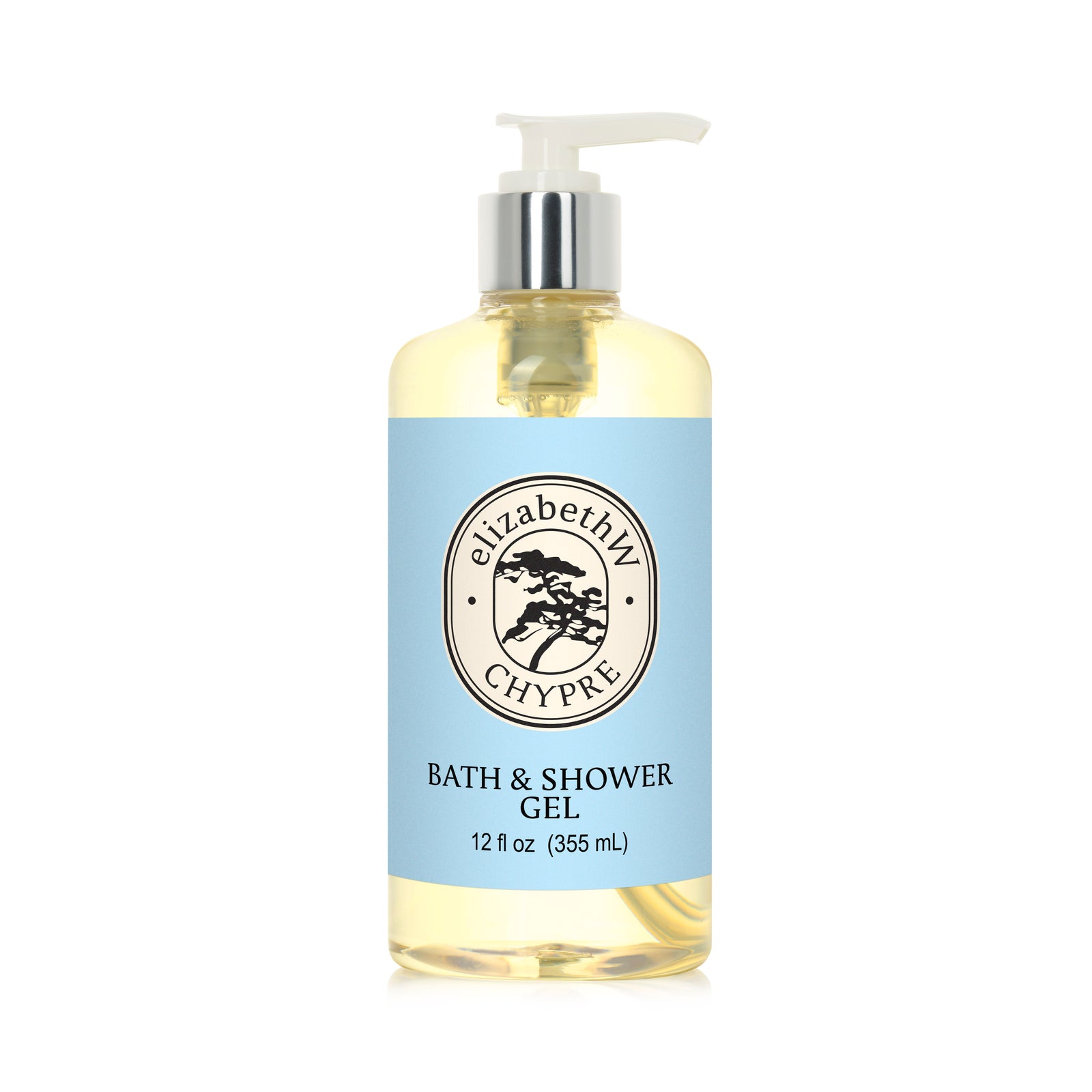 A clear plastic pump bottle contains yellow Chypre — Bath & Shower Gel by elizabethW. The blue label with a tree logo evokes cedar and sandalwood, promising a luxurious foaming bath. 12 fl oz (355 mL).