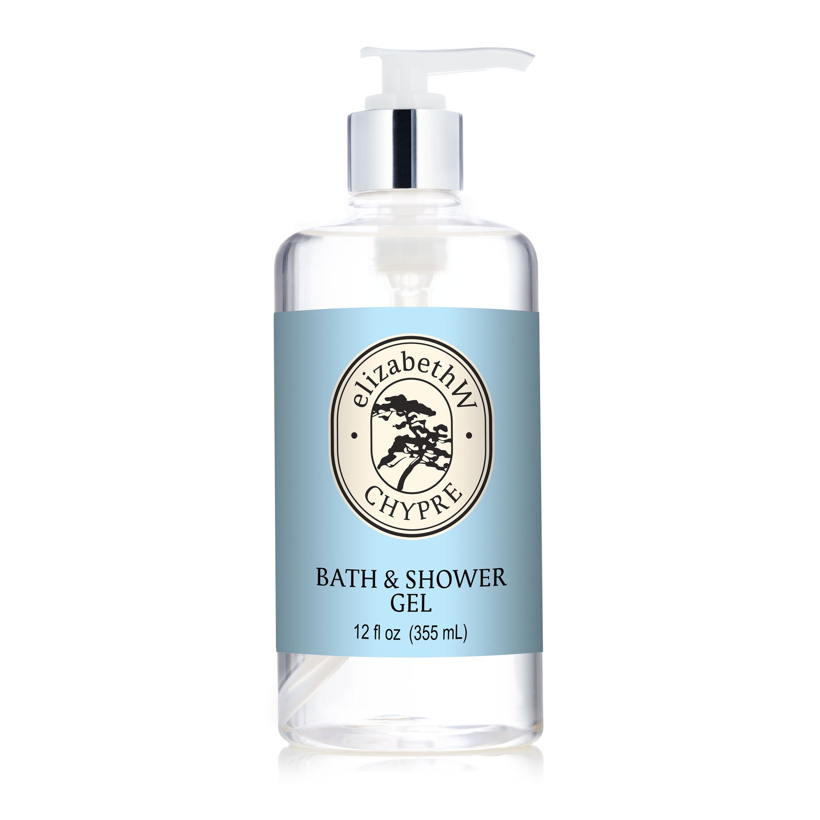 A clear pump bottle with a blue label for elizabethW Chypre — Bath & Shower Gel features a circular horse and tree logo—this luxurious shower gel provides a refined, scented body wash experience.