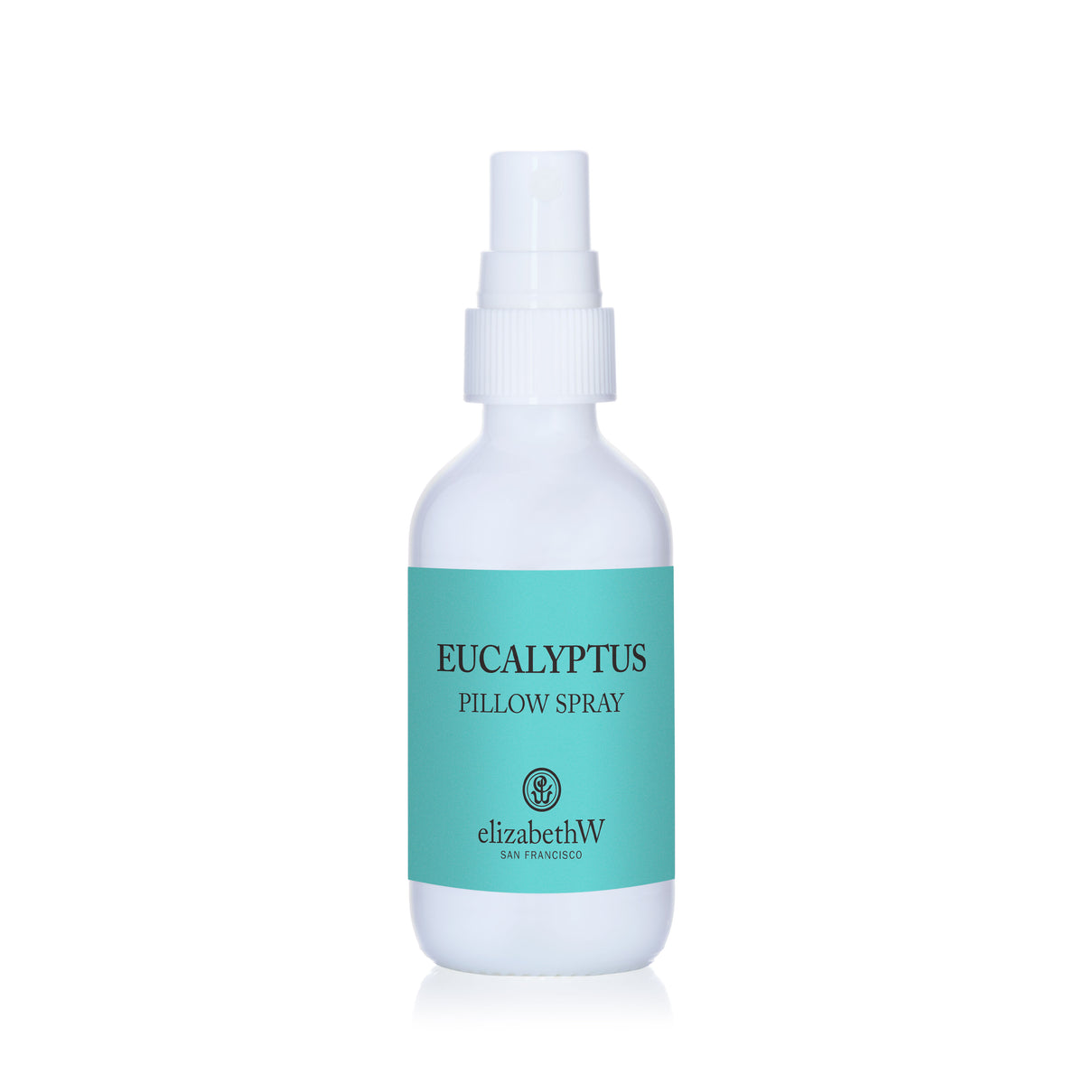 A white elizabethW Eucalyptus Pillow Spray bottle with a teal label.