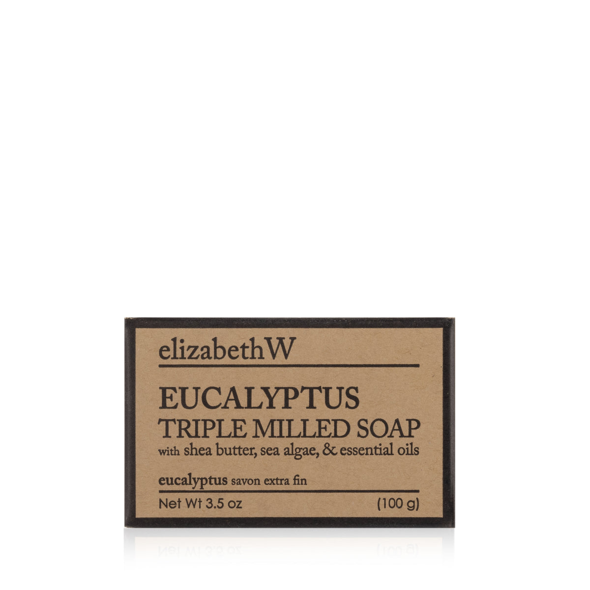 A brown box of elizabethW Eucalyptus — Triple Milled Soap, featuring shea butter, sea algae, and essential oils. This triple-milled eucalyptus soap is made with plant-based ingredients and contains 100 grams (3.5 oz) of soap.