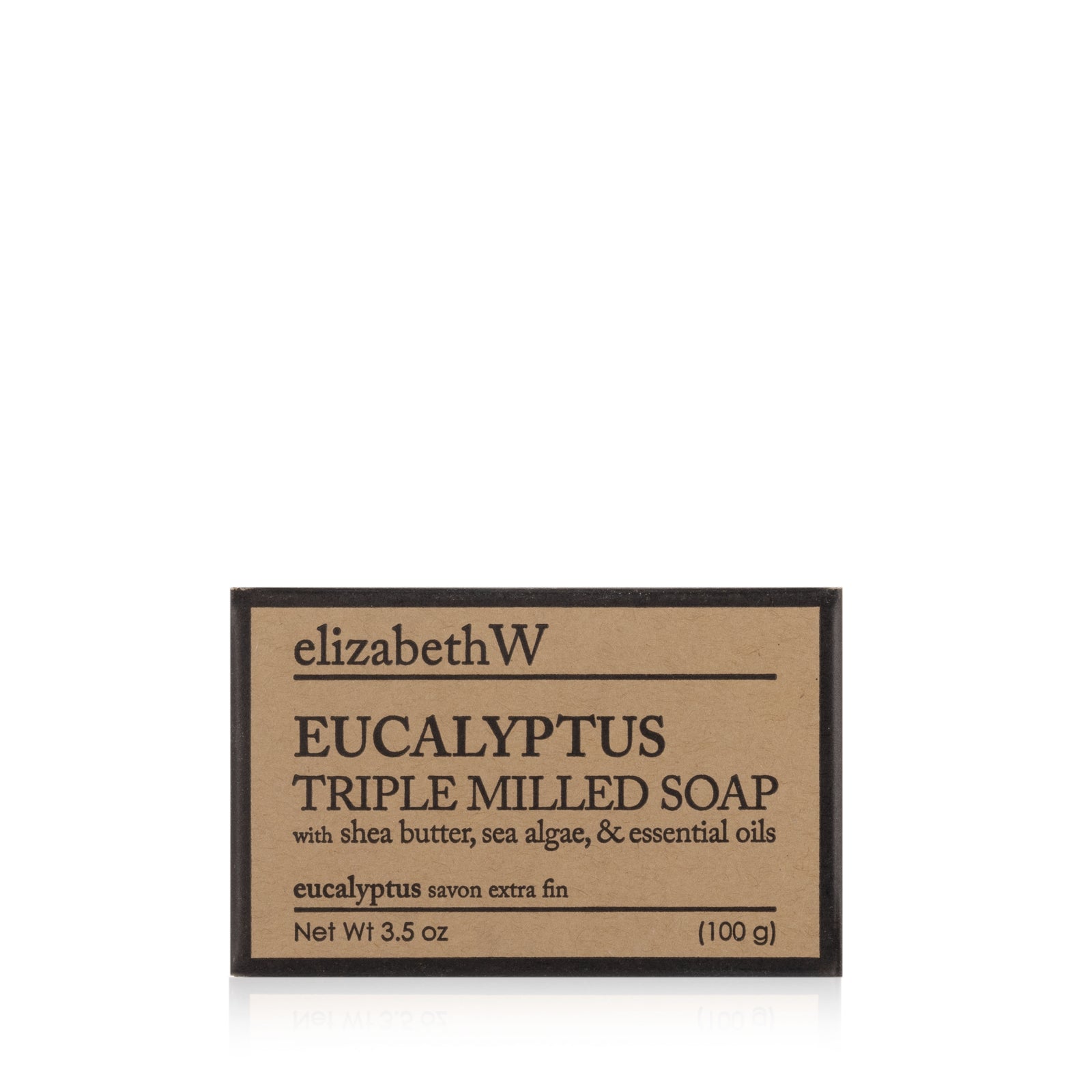 A brown box of elizabethW Eucalyptus — Triple Milled Soap, featuring shea butter, sea algae, and essential oils. This triple-milled eucalyptus soap is made with plant-based ingredients and contains 100 grams (3.5 oz) of soap.
