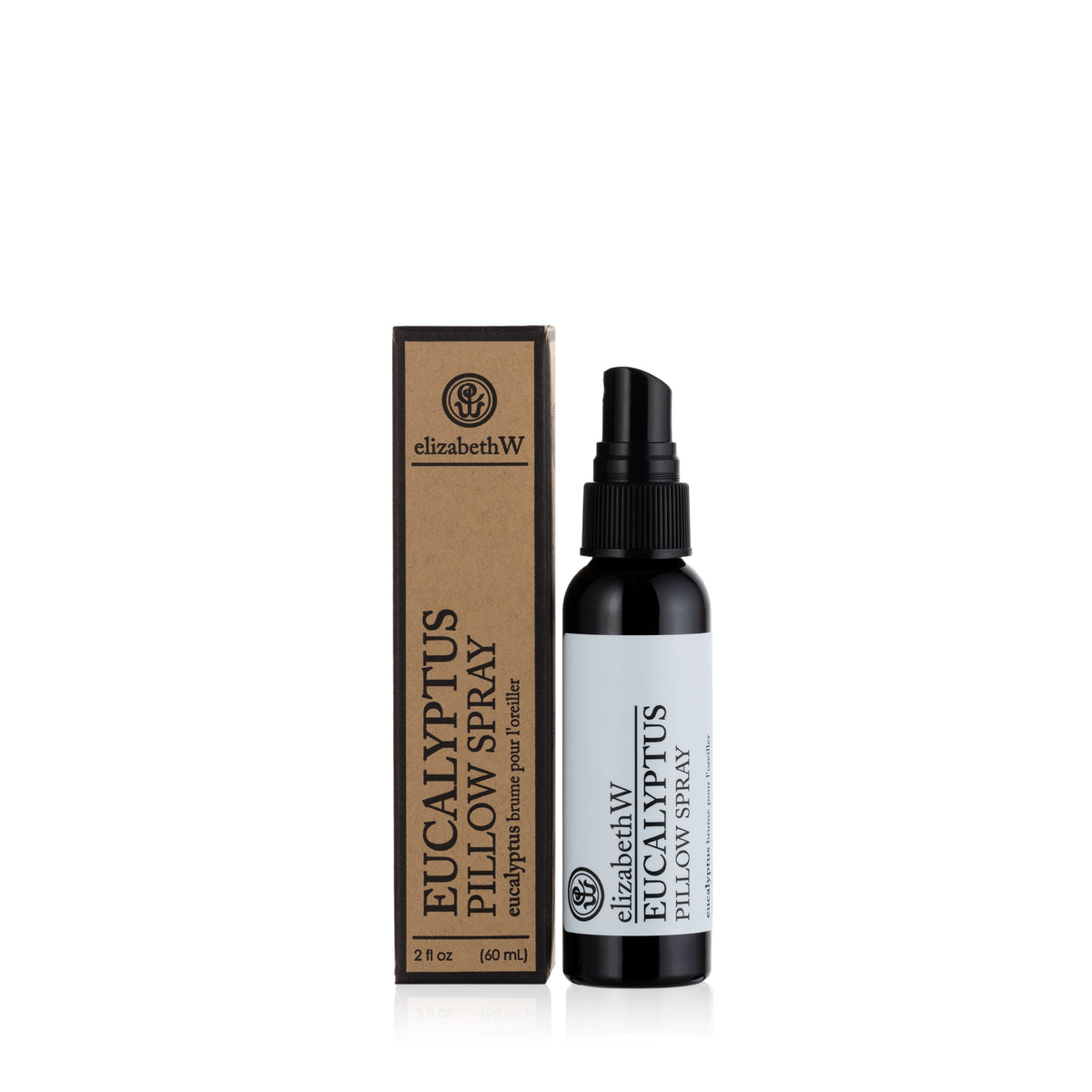 An elizabethW Eucalyptus — Pillow Spray bottle, featuring a spray nozzle, stands beside its matching brown box. Both the black bottle and the packaging showcase the product name “Eucalyptus — Pillow Spray” and brand “elizabethW” in bold black text. Crafted with essential oils, this soothing pillow mist offers a calming eucalyptus aroma to enhance your bedtime routine.