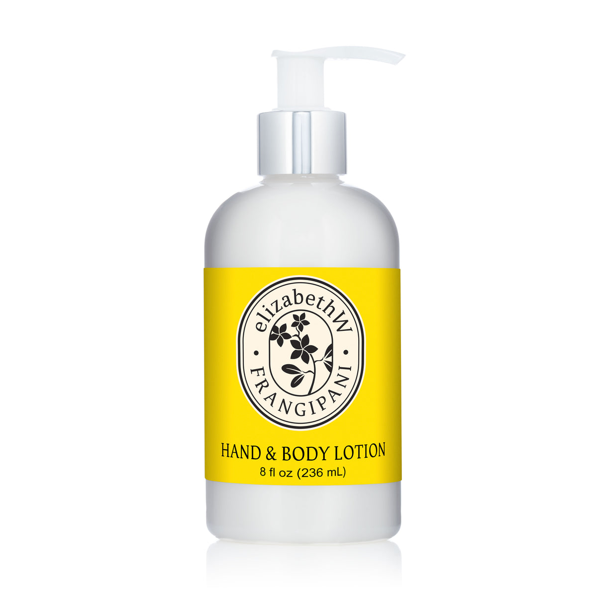 E Wightman & Co Frangipani — Hand & Body Lotion comes in an 8 fl oz white pump bottle with a yellow label, offering a tropical floral scent and nourishing shea butter for soft, hydrated skin.