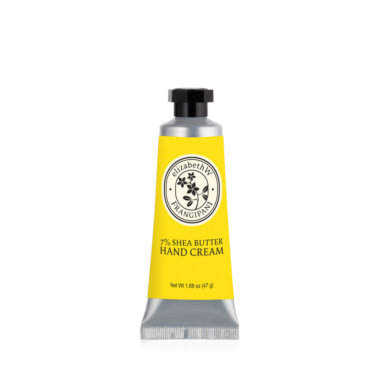 A yellow and silver tube of E Wightman & Co Frangipani — Mini Hand Cream, 1.68 oz (47g), with a round logo and black cap, stands upright on a white background.