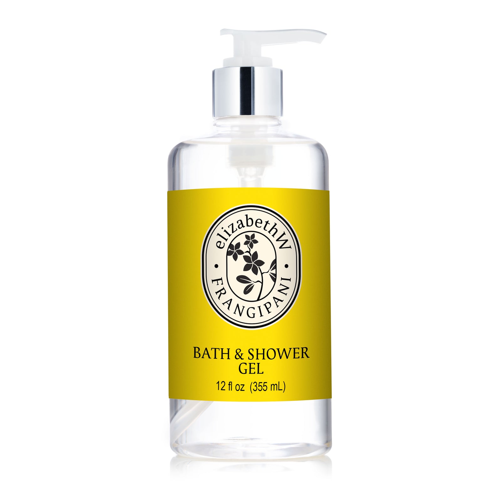 A clear pump bottle of E Wightman & Co Frangipani — Bath & Shower Gel, a tropical cleanser with a yellow label, black text, floral logo, and 12 fl oz (355 mL) of product.