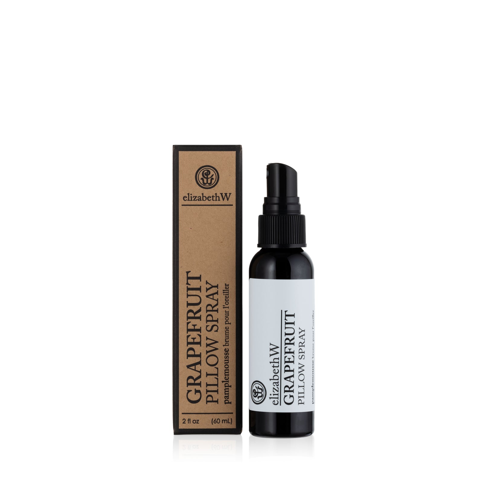 A 2 fl oz bottle and box of elizabethW Grapefruit — Pillow Spray. The brown box features black text, while the black bottle has a white label and a spray nozzle.