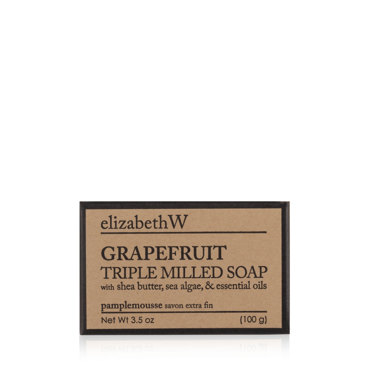 ElizabethW Grapefruit — Triple Milled Soap is a rectangular bar presented in a brown box with black text. Infused with shea butter, sea algae, essential oils, and the invigorating pamplemousse scent, this citrus soap blends nourishing ingredients for a luxurious wash. Net weight: 3.5 oz (100g).