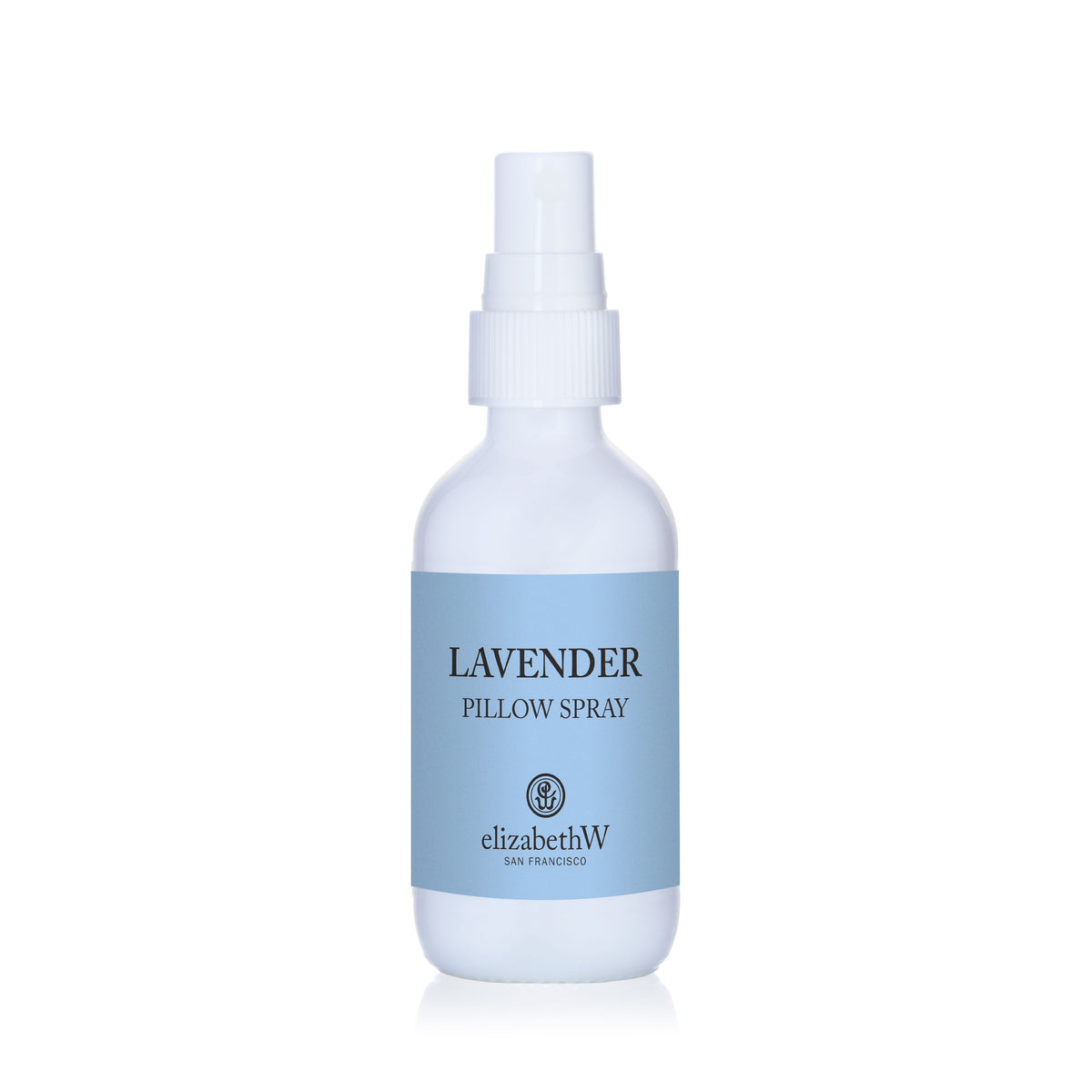 A white plastic elizabethW Lavender Pillow Spray bottle with a blue label.
