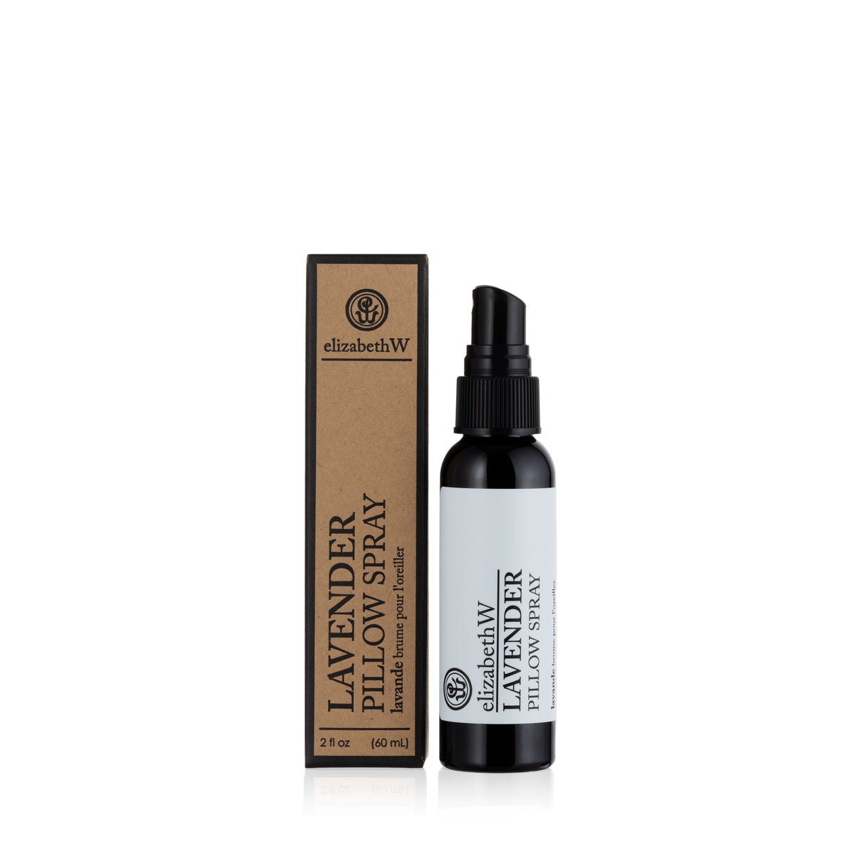 A 2 fl oz bottle of elizabethW Lavender — Pillow Spray stands beside its brown box packaging. Both feature the product name and brand—Lavender — Pillow Spray by elizabethW—in black text on a white and kraft background.