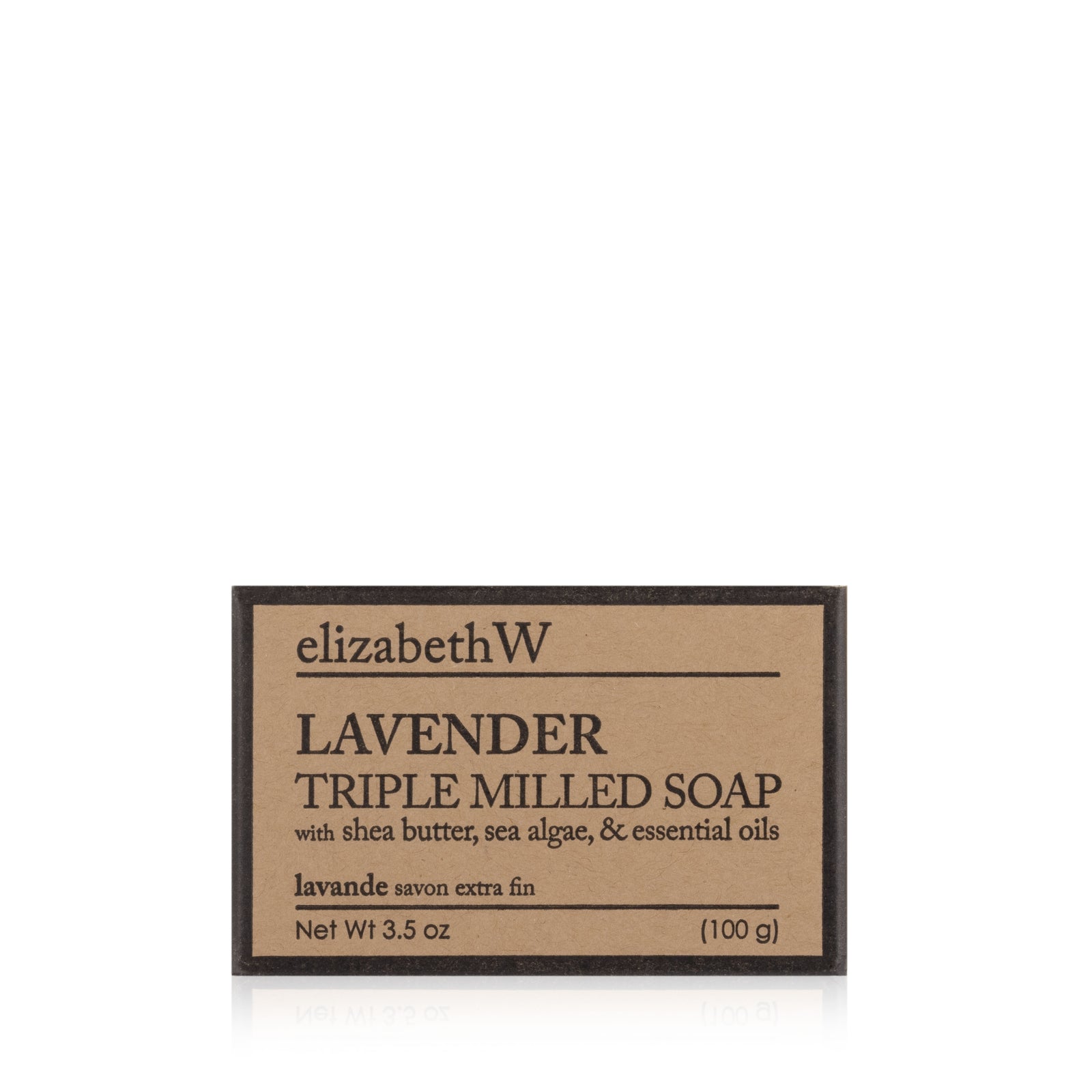Indulge daily with the elizabethW Lavender — Triple Milled Soap, featuring nourishing shea butter, sea algae, and essential oils. This 3.5 oz (100 g) bar comes in simple brown packaging and offers a calming fragrance ideal for everyday use.