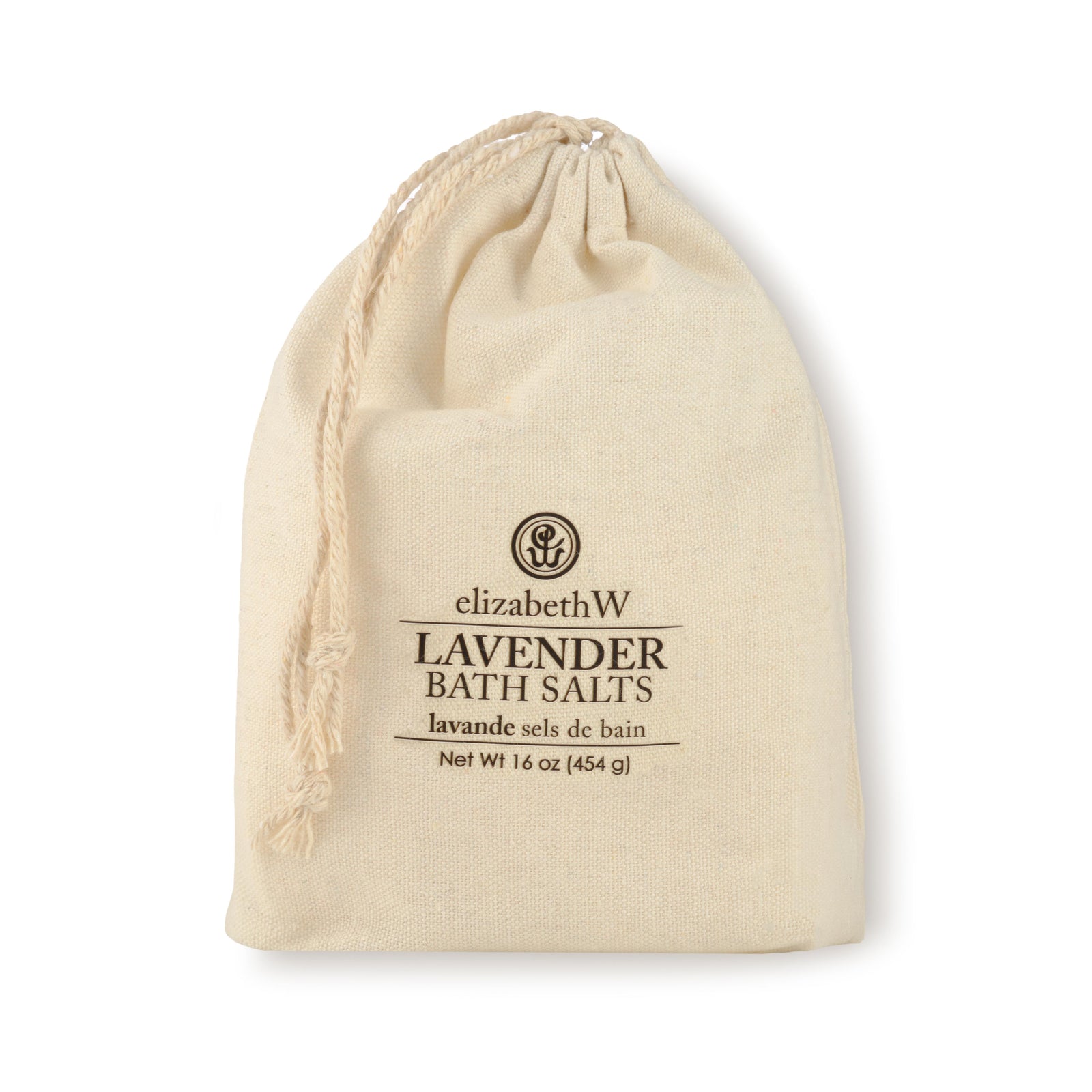 A drawstring cloth bag containing Lavender bath salts. The label on the front has the elizabethW logo and reads "Lavender Bath Salts, lavande sels de bain, Net Wt 16 oz (454g)