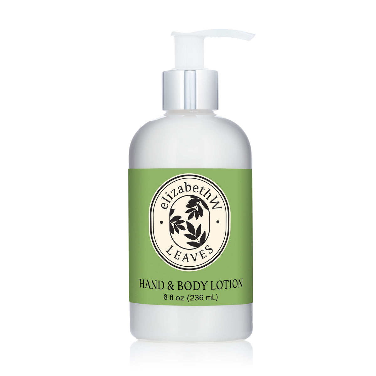A white pump bottle labeled "E Wightman & Co Leaves — Hand & Body Lotion" features a green label with a leaf design, highlighting this botanical lotion enriched with nourishing shea butter (8 fl oz/236 mL).