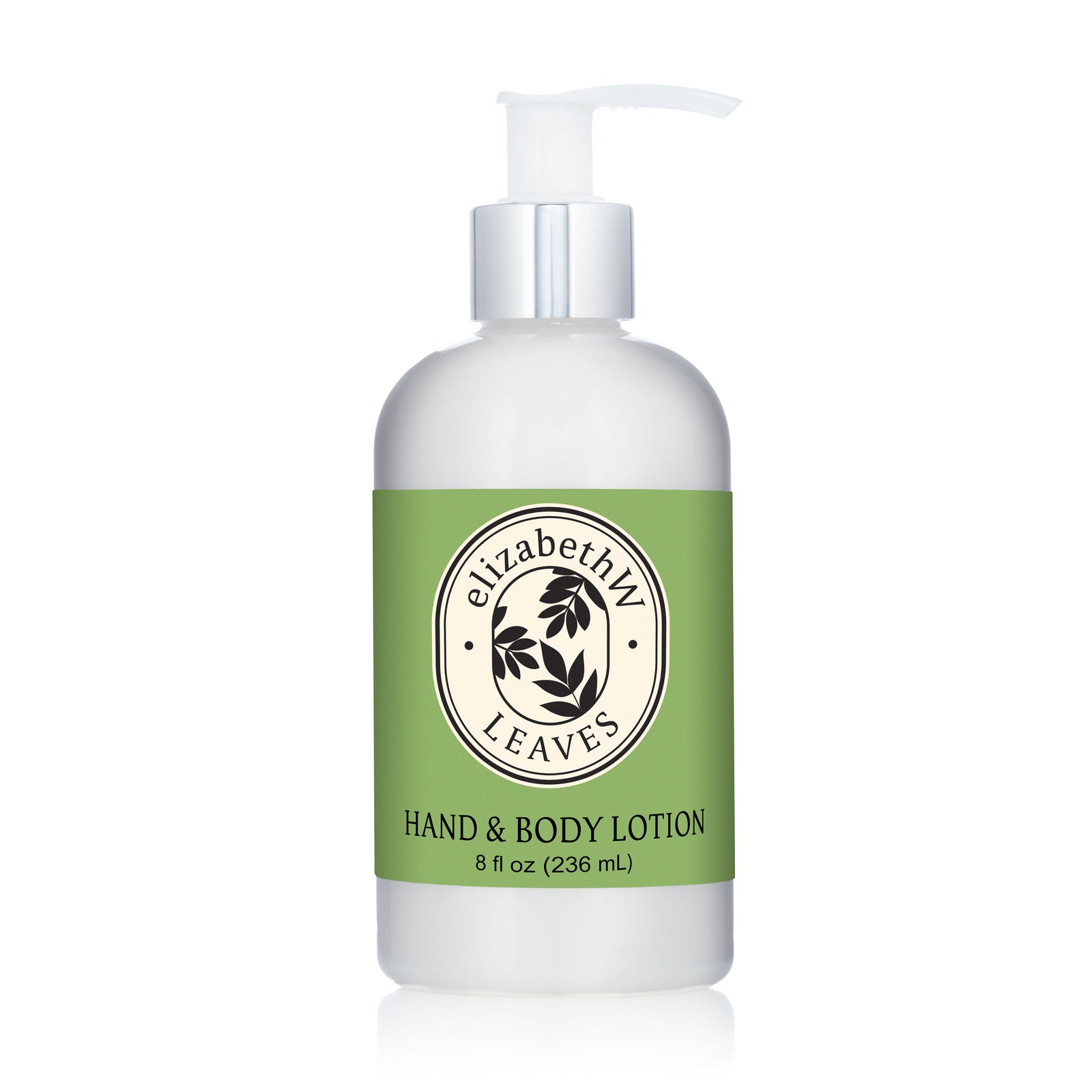 A white pump bottle labeled "E Wightman & Co Leaves — Hand & Body Lotion" features a green label with a leaf design, highlighting this botanical lotion enriched with nourishing shea butter (8 fl oz/236 mL).