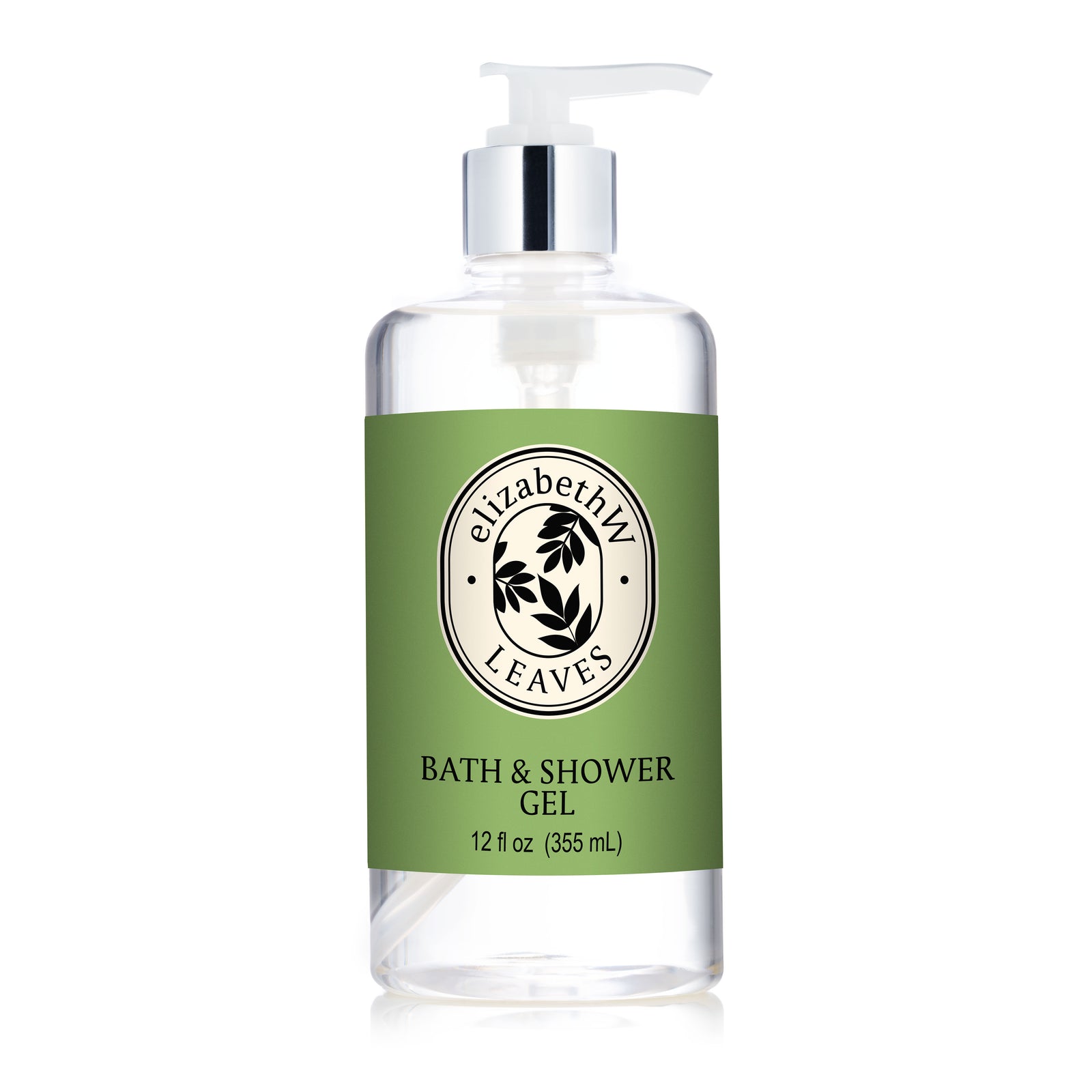 A clear pump bottle labeled "E Wightman & Co Leaves — Bath & Shower Gel, 12 fl oz (355 mL)" sits on a green background. The circular leaf design highlights this refreshing gel for your daily routine.