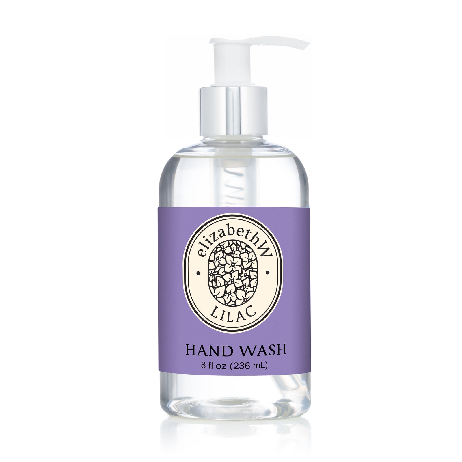 An 8 fl oz (236 mL) clear pump bottle of E Wightman & Co Lilac — Hand Wash features a purple label with the brand logo and product name.