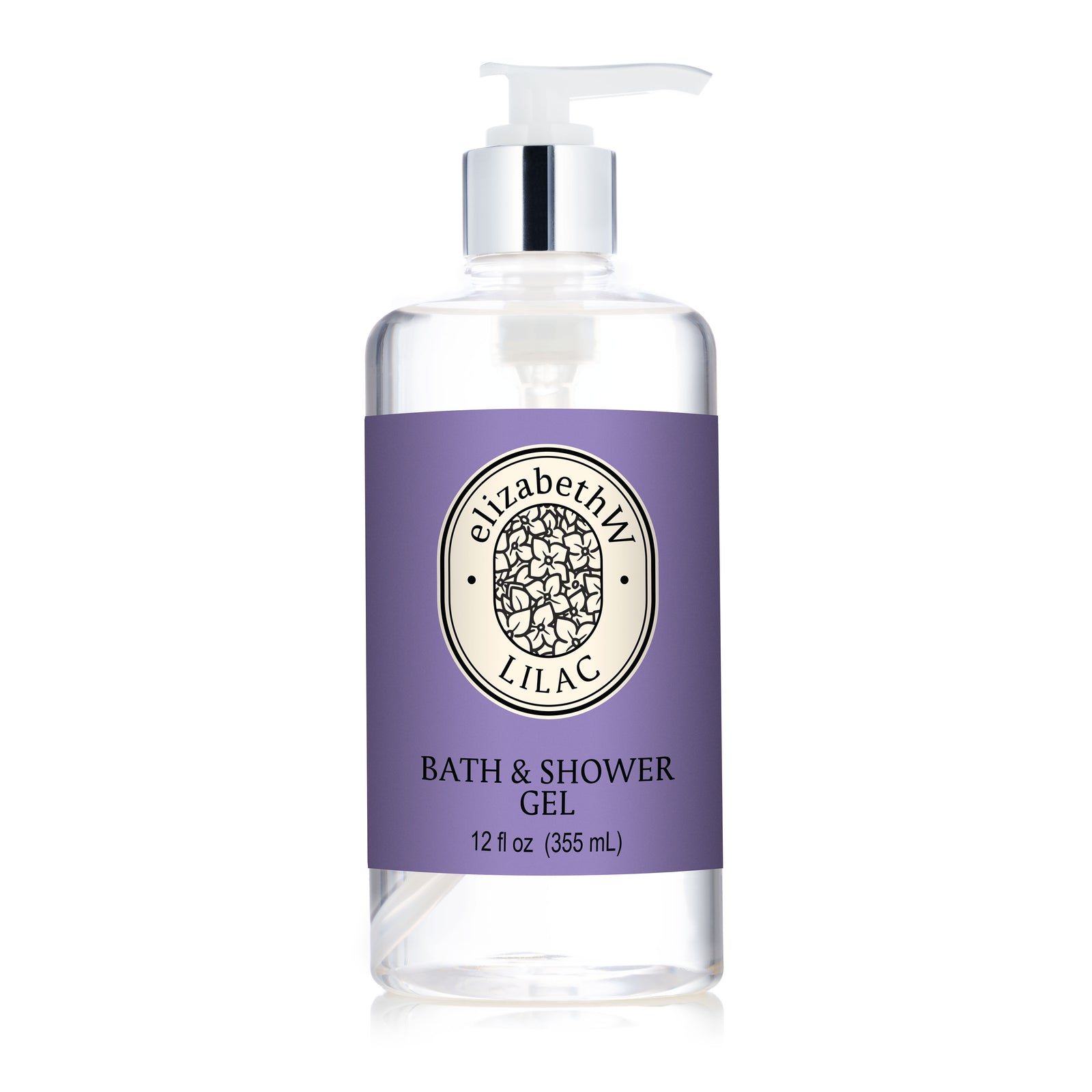 A clear pump bottle labeled "E Wightman & Co Lilac — Bath & Shower Gel" stands against a purple background with a floral logo, containing 12 fl oz (355 ml) of gentle cleansing lilac shower gel.