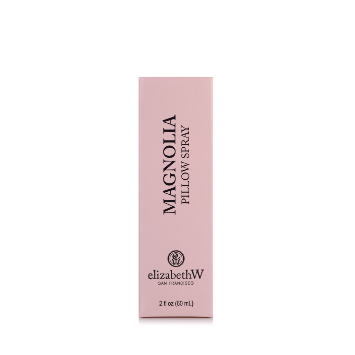 Tall, rectangular pink box labeled “elizabethW Magnolia Pillow Spray” with “2 fl oz (60 mL)” at the bottom.